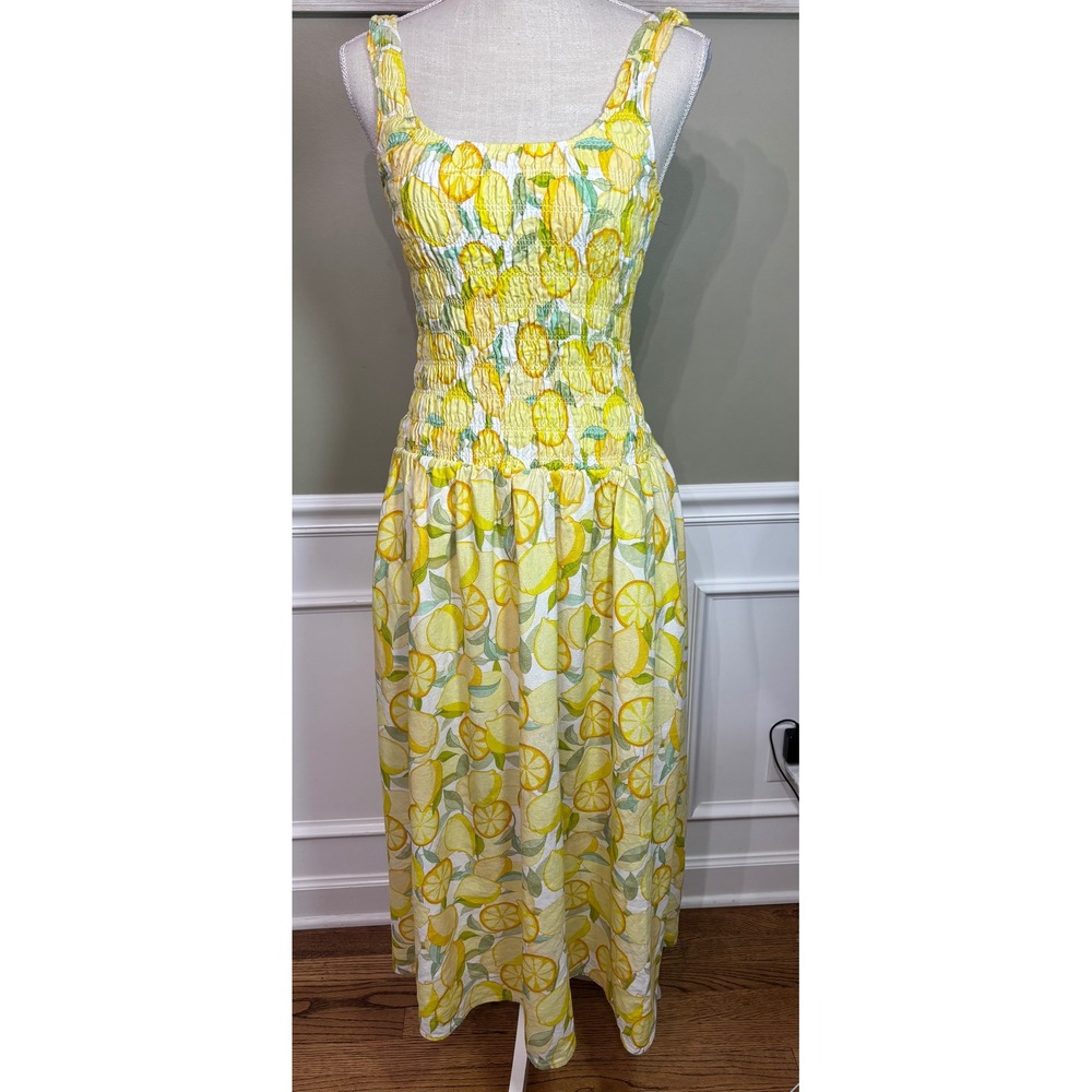 Avec Les Filles Lemon Print Smocked Linen Blend Maxi Dress XS Yellow White